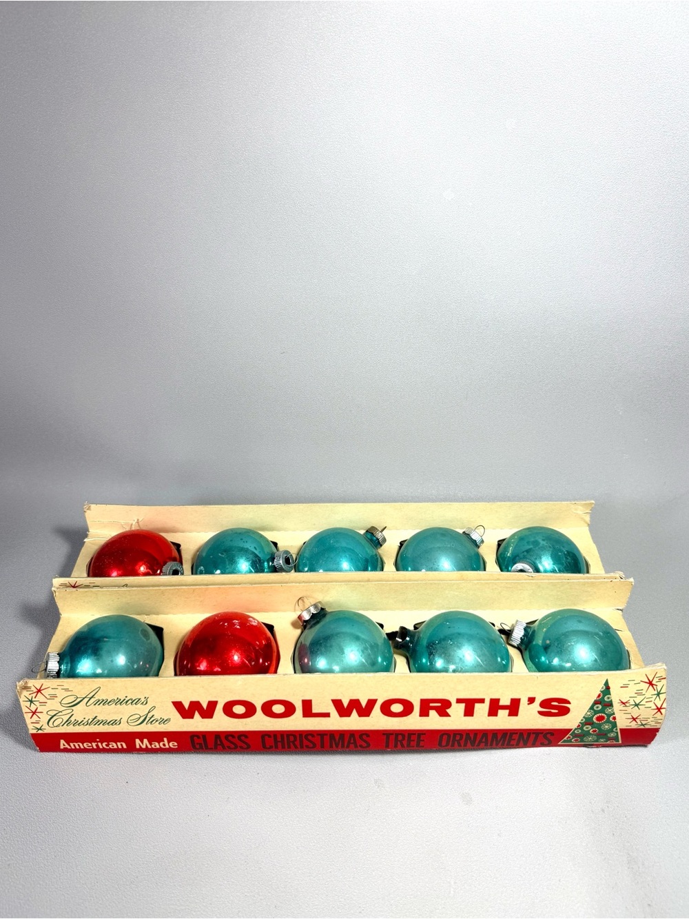 Vintage Woolworth's Teal and Red Shiny Brite Glass Lot of Christmas Ornaments
